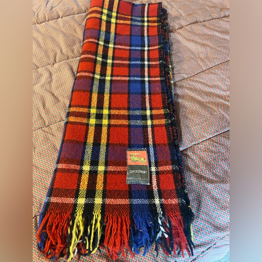 Vintage Supersprint Red Blue Plaid Wool Blanket Stadium Auto Throw 48x64” Fringe